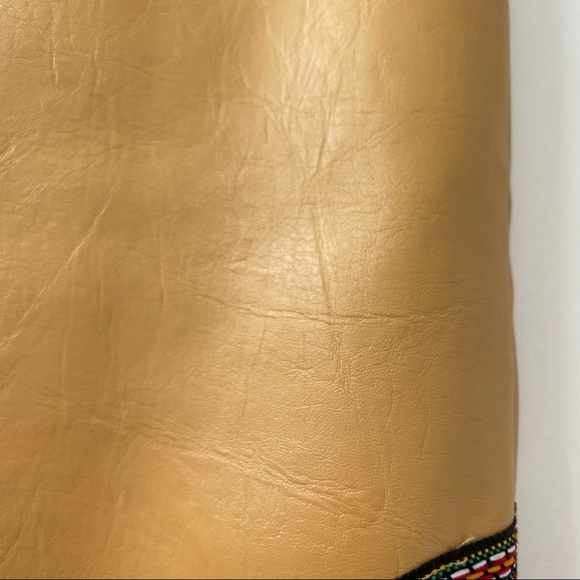 Vintage Native American Fringe Vegan Leather Sheath Dress Embroidery Tan Gold M - Picture 12 of 14